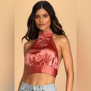 NWT LuLu’s Spectacular Night Pink Satin Halter Crop Top Sz M Sexy Date Party